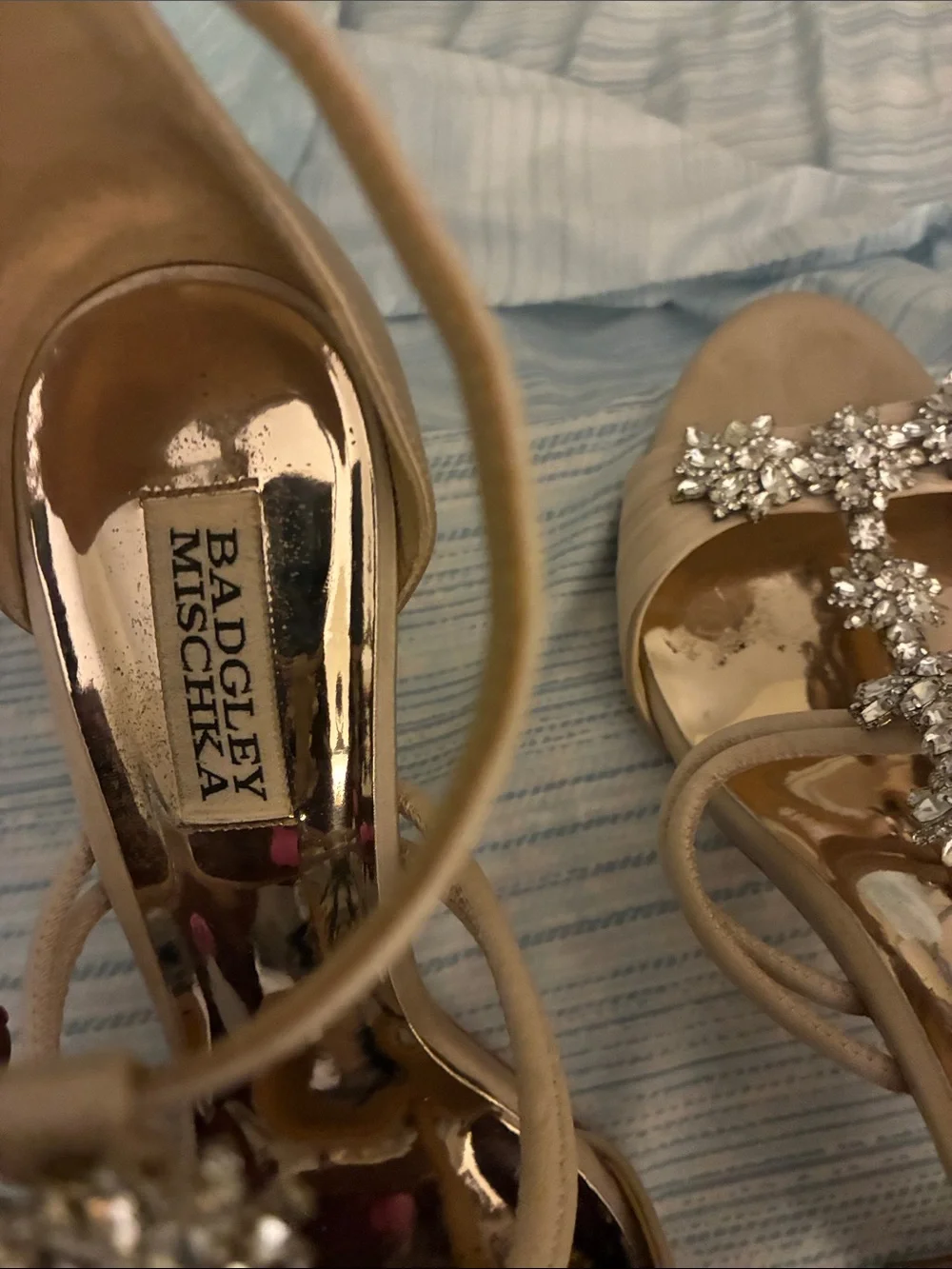 Badgley Mischka Nude Crystal T-Strap Sandals